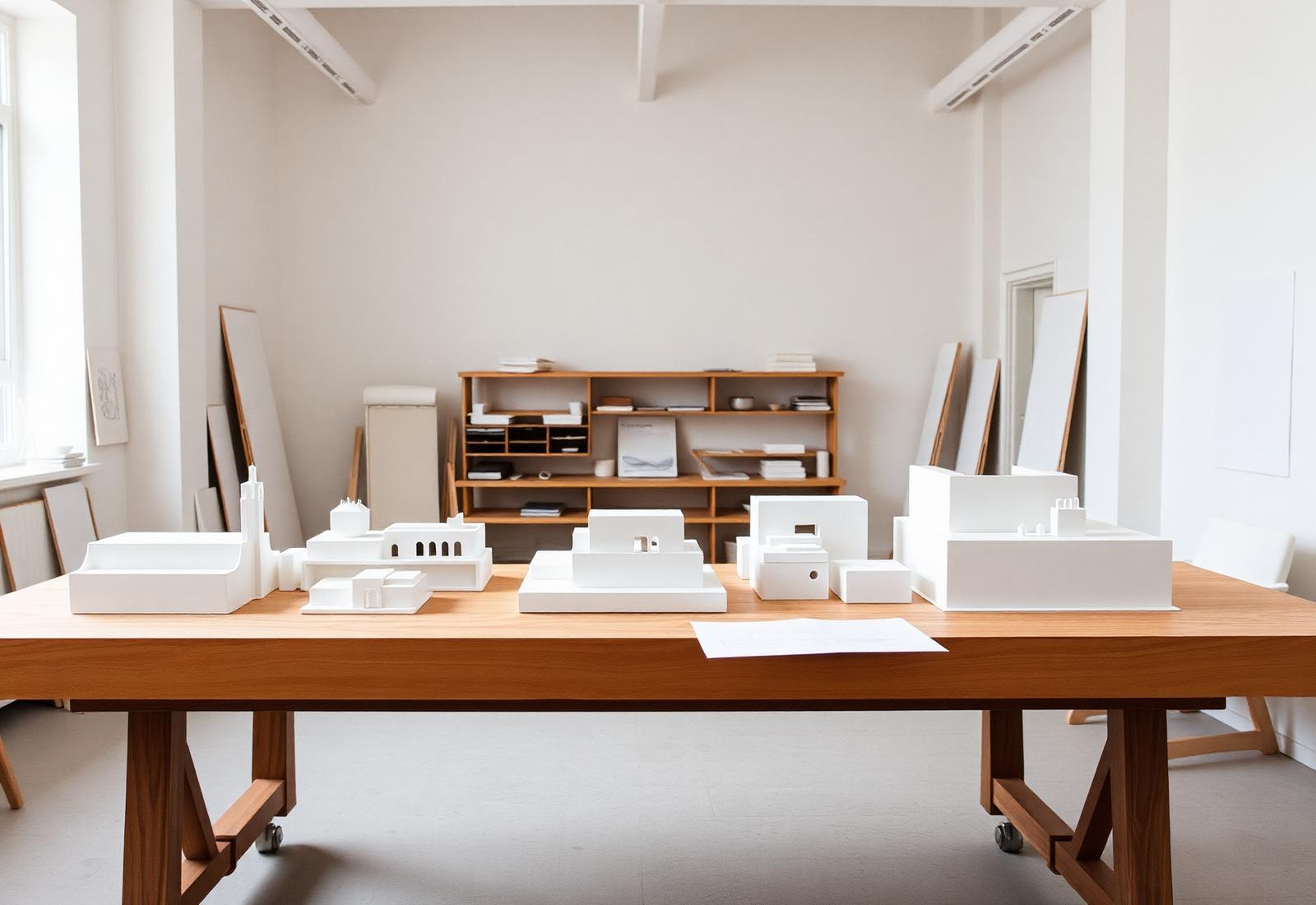 Massing models on a long oak table in the studio
